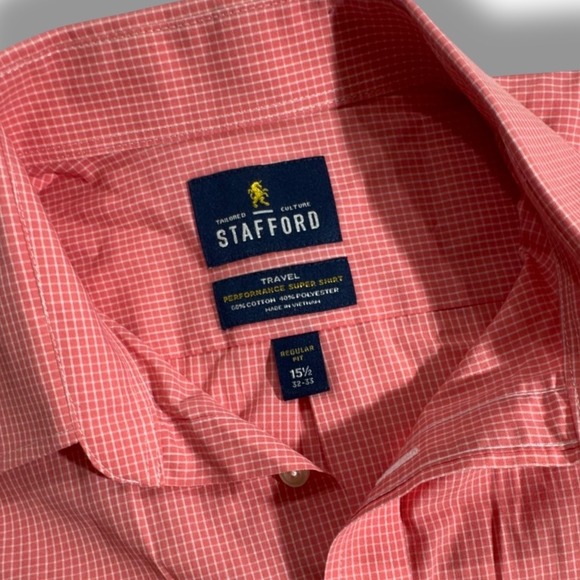 Stafford Mens 15 1/2 32-33 Button Up Dress Shirt Pink White Plaid Long Sleeve - Picture 5 of 8